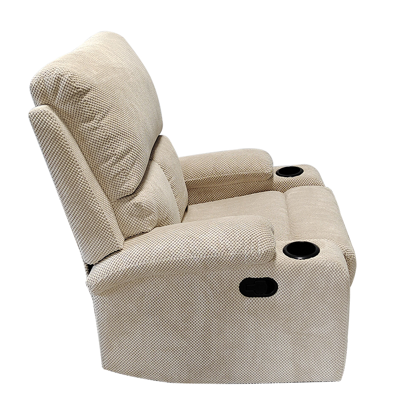 Factory Directly Sell Leisure Style Beige Sofa Home Furniture Fabric Armchair Recliner with 2 cup holder